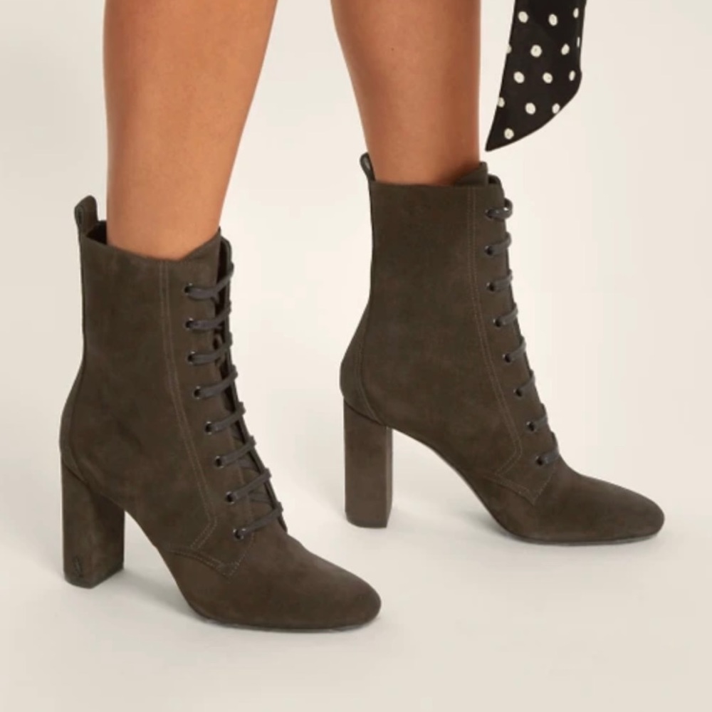 Saint Laurent LouLou Suede Lace-Up Boot, Olive